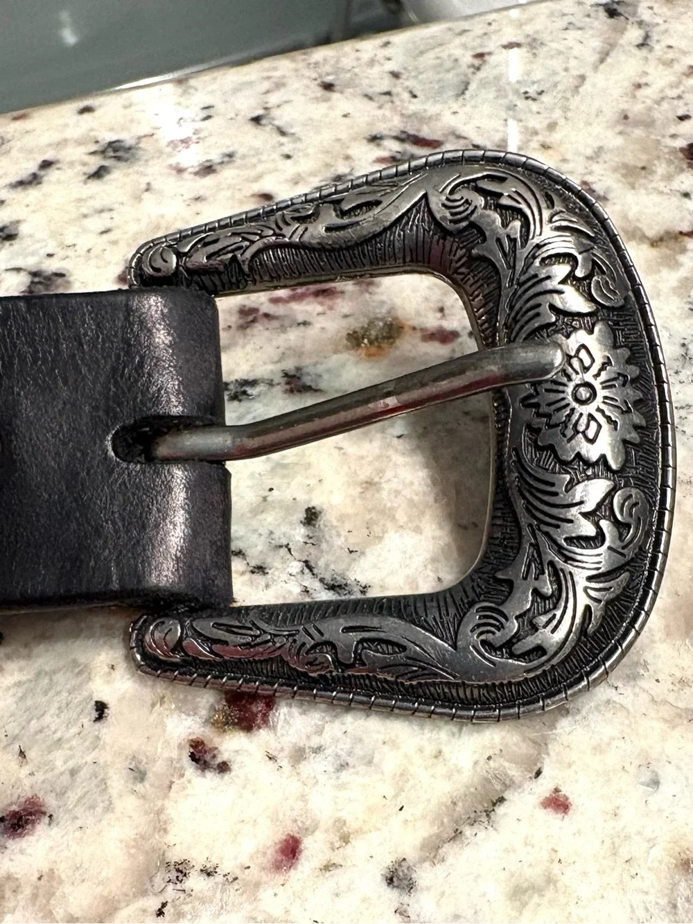 Vintage Embossed Leather Western Belt Floral Engraved Buckle Black BOHO Cowgirl